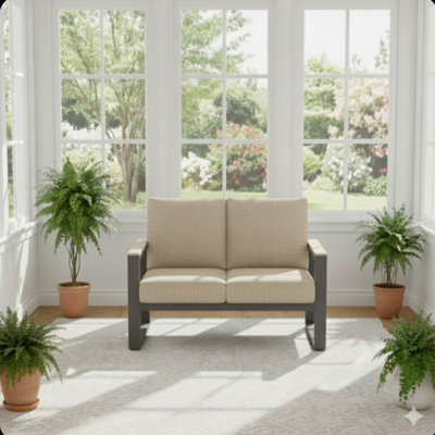 52" All-Weather Aluminum Patio Loveseat Sofa With Thick Beige Cushions