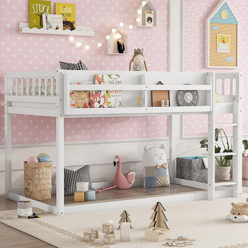Low Twin Over Twin Bunk Bed, Floor Bunk Bed With Ladder, White