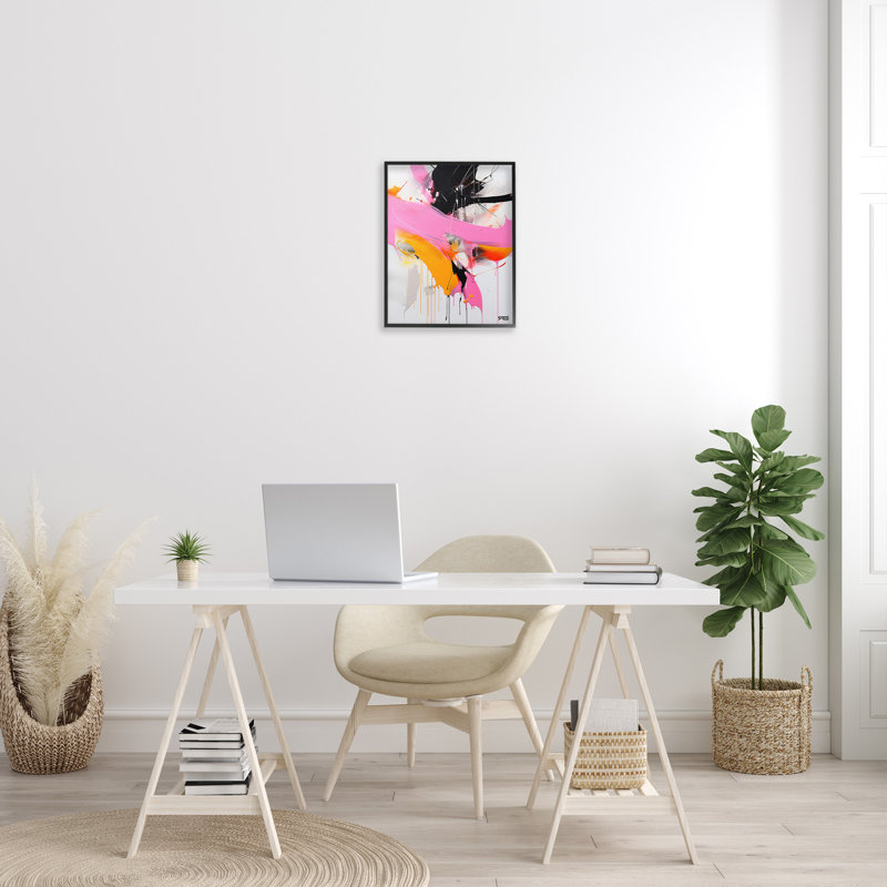 Design d'art contemporain sur toile rose et noir par Rb, H 20 po x l 16 po, Giclée encadrée noir minuit
