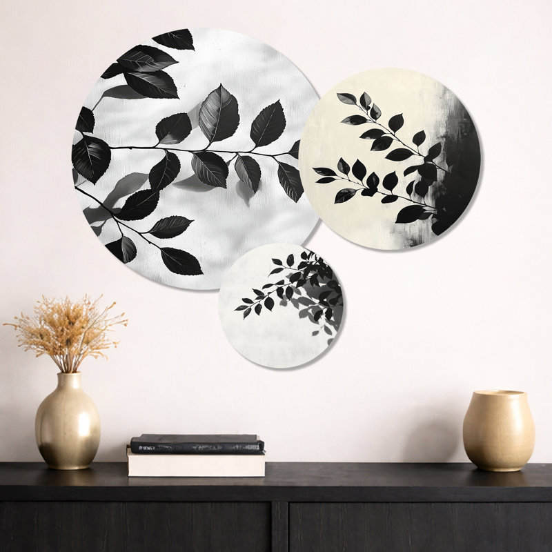 «Black Leaves Shadow Silhouette I - Leaves», art mural en métal 3 pièces