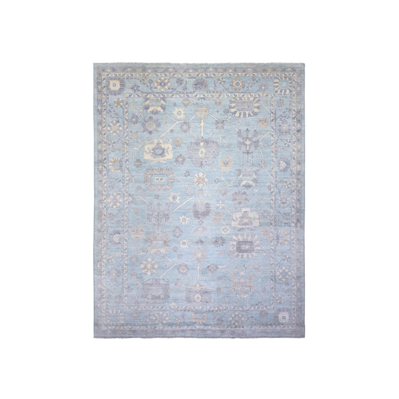 Tapis bleu en laine noué à la main 9 pi 3 po x 12 pi Angora Oushak