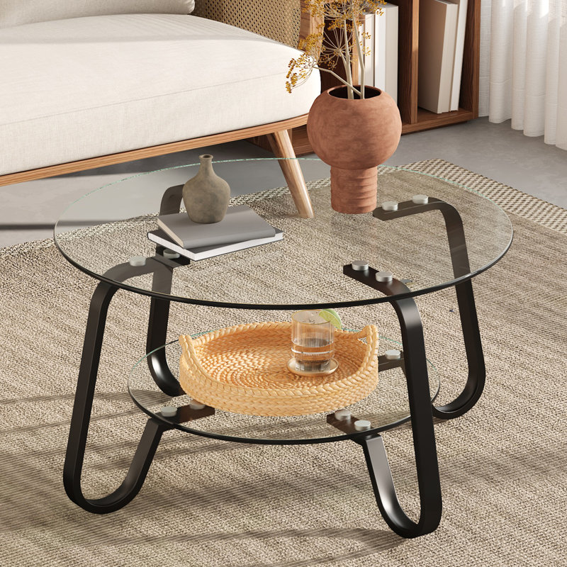 Table basse en verre trempé à double couche avec cadre en métal de conception rétro, 31,5 po *, polyvalente pour différentes utilisations. Conception rétro, simple à nettoyer et à gérer