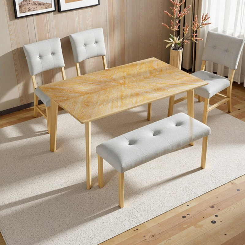 Table de salle à manger 6 places avec pieds en bois d'hévéa Retro, Bois naturel