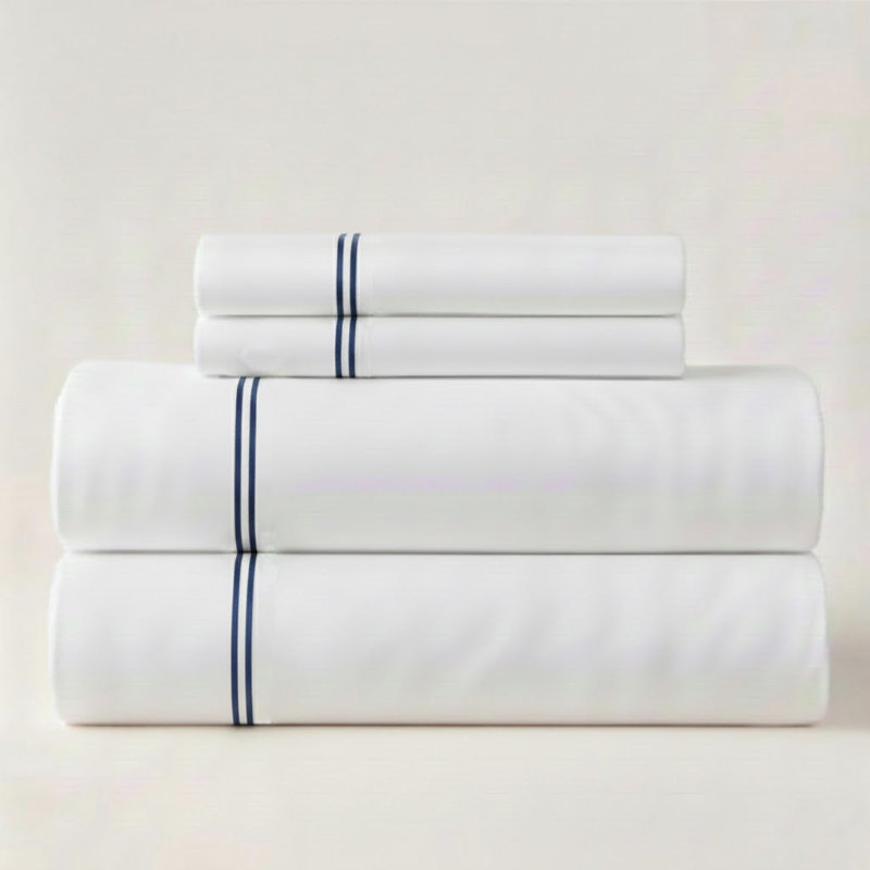 500TC Cotton Double Embroidery Sateen Solid Cotton 4 Piece Sheet Set Fitted Sheet Fits Upto 16" Deep Pocket, Queen Sheet Set