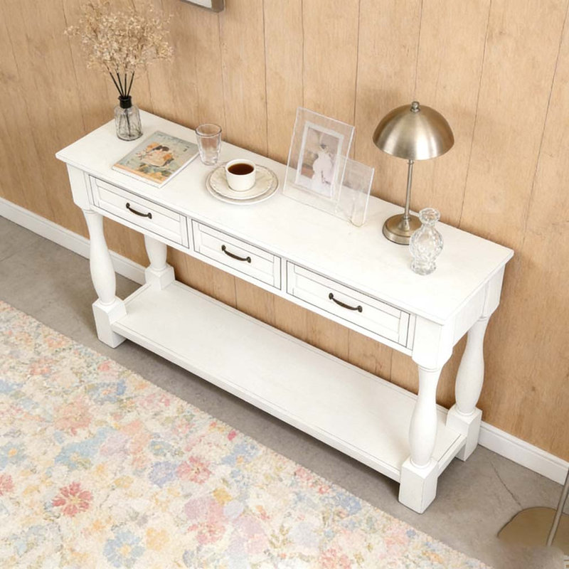 Console de 63 po de long en bois avec 3 tiroirs et 1 tablette inférieure, Blanc antique
