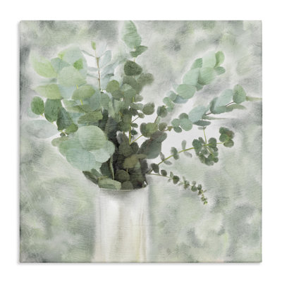 «Sage Green Painterly Eucalyptus In White Vase», art mural sur toile tendue par Kimberly Allen