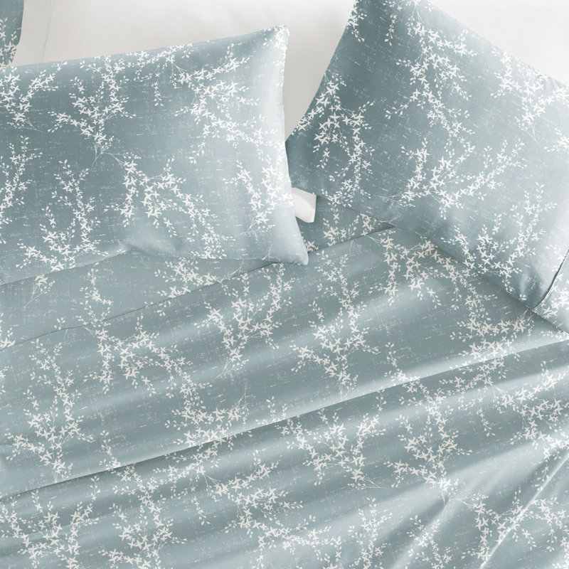4 Piece Delicate Details Pattern Sheet Set, Blue Floral, Queen Sheet Set with 2 Standard Pillowcase