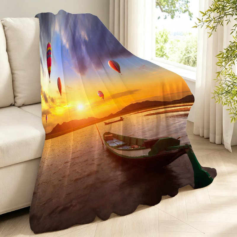 Jeté en molleton orange ultra doux en flanelle orange, imprimé montgolfière coucher de soleil, Throw 40" x 50"