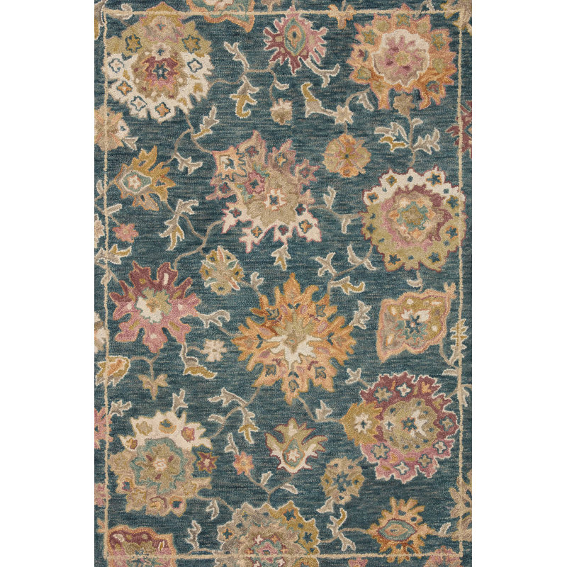 Tapis oriental bleu / beige en laine fabriqué à la main Kraker, Rectangle 7 pi 9 po x 9 pi 9 po
