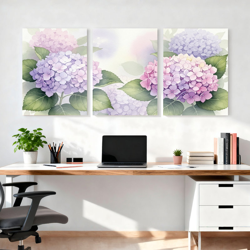 Tableau mural sur toile à motif floral d'hortensia (paquet de 3), H 24 po x l 48 po