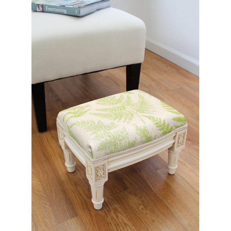 Camary Upholstered Ottoman, White, Caramel/Chartreuse Toile Linen Blend