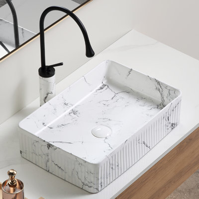 Lavabo de salle de bain rectangulaire au-dessus du comptoir, marbre noir blanc, robinet d'aérateur en porcelaine, vasque en céramique Scratch - de conception unique, facile à installer, saleté