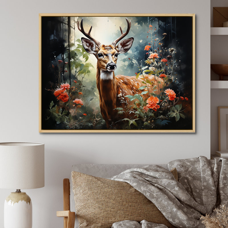 Brun et rose, cerf dans la forêt sauvage - Art mural animal cerf, Cadre flottant brun, H 34 po x l 44 po x P 1,5 po