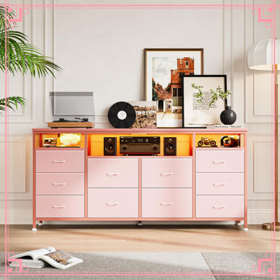 Commode 63 po en tissu avec 10 tiroirs, meuble télé, ports USB intégrés et lumières DEL, rangement multifonctionnel pour téléviseur de 75 po