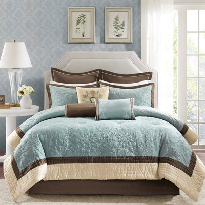 Édredon grand bleu Charmeuse avec 3 coussins brodés et taies décoratives pour grand lit, comprend des accessoires décoratifs