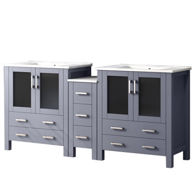72 In. Wide Dark Grey Double Bathroom Vanity With Side Cabinet, White Ceramic Top, Solid Wood Frame Structure, Soft - Closing Drawer Feature, 2 Interior Cabinets, 7 Drawers For Storage W Bath Vanity,