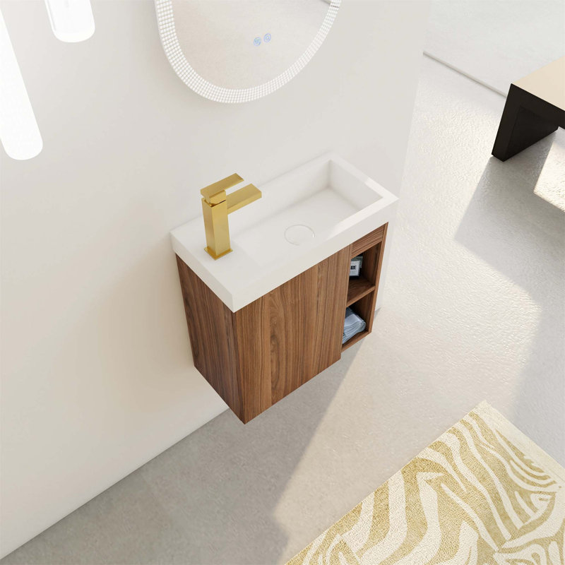 Ensemble de meuble-lavabo simple 9,9 po avec plateau en résine Tymur, Noyer, Blanc