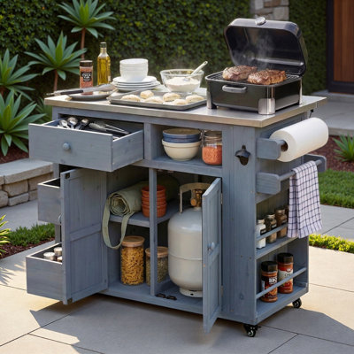 Îlot de cuisine extérieur avec plateau en acier inoxydable, support à épices latéral, tiroirs, support à papier, porte-serviettes et tablette ouverte