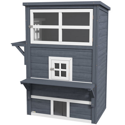 Outdoor Kitten , 3-story Cat House In Dark Gray. Offers Raised Floor, Asphalt Roof, Escape Doors And Cheerful Jump Platforms For Your Elegant Cats Fur