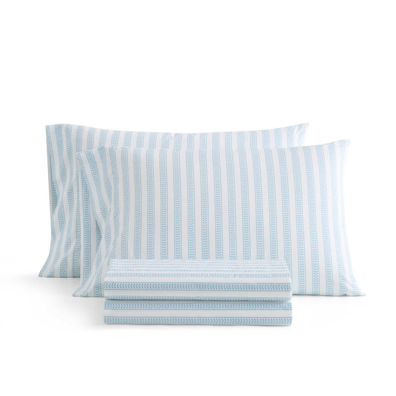 Martha Stewart Cotton Percale  Sheet Set, King Sheet Set with 2 Pillowcases, Leaf Stripe Blue