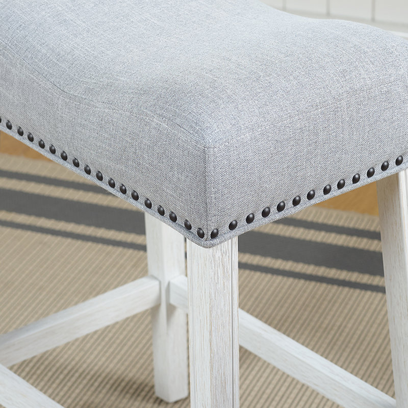 Upholstered Counter Height Stools - Saddle Seat, White-Washed Finish, Set of 2