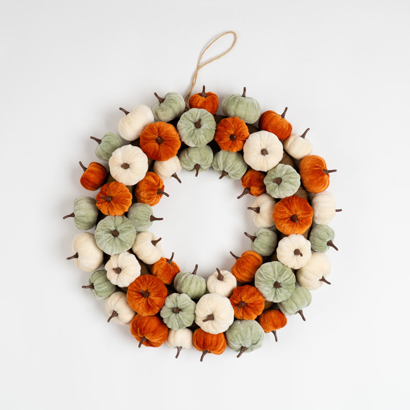 43cm Velvet Pumpkin Wreath, Orange