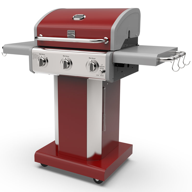 Kenmore 3-Burner Propane Gas Grill with Foldable Side Tables for Outdoor BBQ, Red