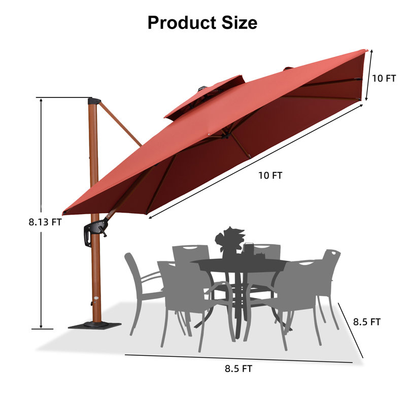 Parasol en porte-à-faux carré en bois 120 "avec base en tôle d'acier, rouge brique 120", Rouge