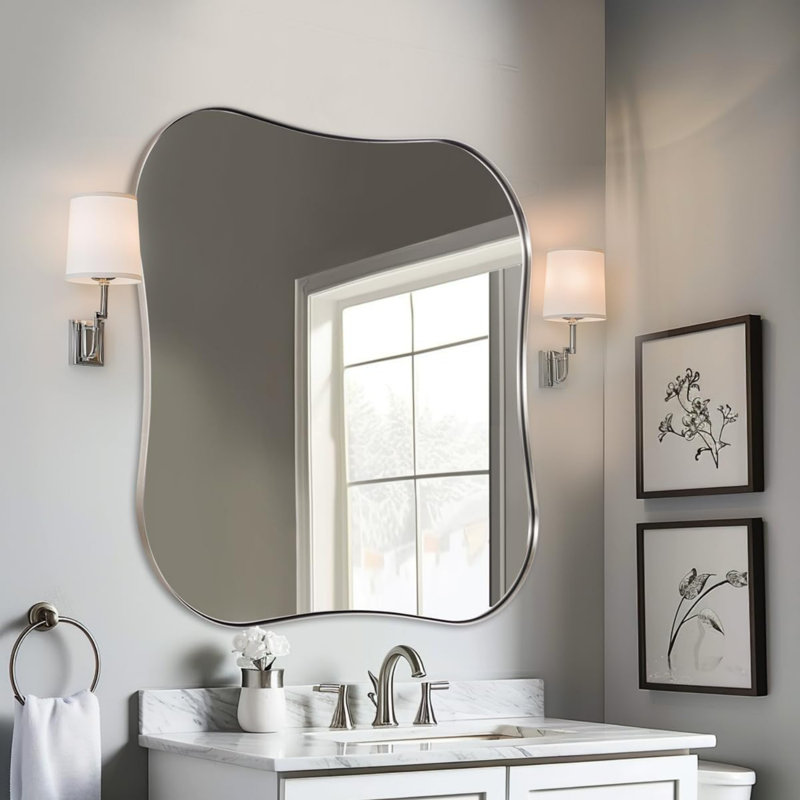 Miroir de salle de bain rectangulaire moderne à double feston | Cadre en acier inoxydable, Nickel brossé, 30 po x 30 po