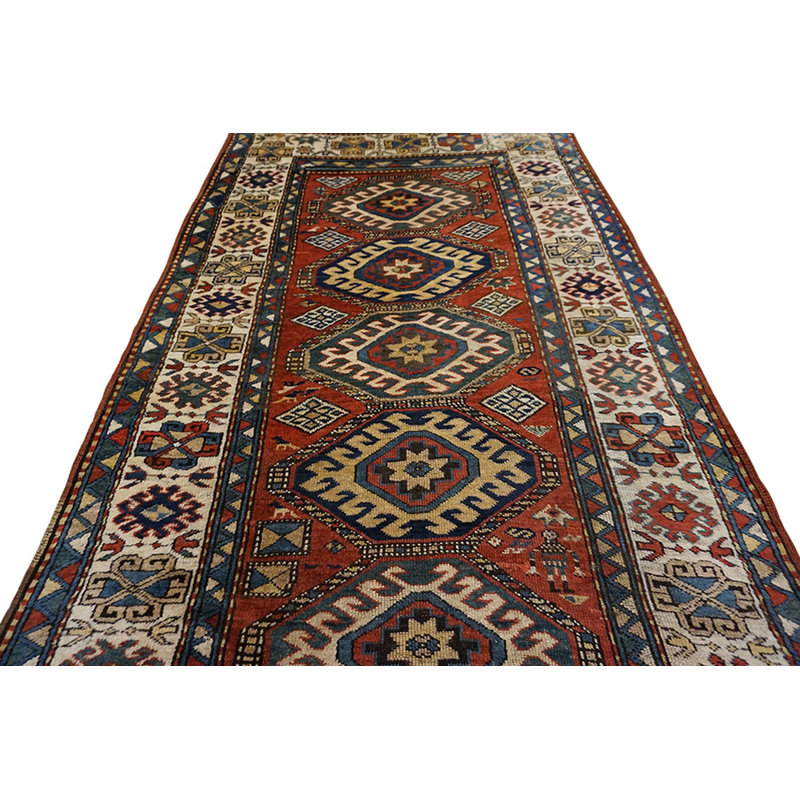 Antique Tribal Caucasian Rustic Geometric Kazak Rug