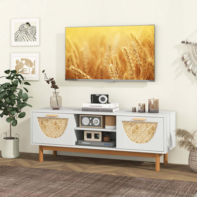 Bay Isle Homeâ„¢ Tv Stand For 55-inch Tvs With 2 Drawers & Bamboo Woven Fronts Solid Wood Legs White