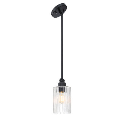 1-Light Matte Black Clear Ribbed Glass Mini Pendant, Hanging Height Adjustable, Perfect Lighting Fixture for Kitchen Islands, Bars, Bedrooms | Glass Shade 5"Dia.