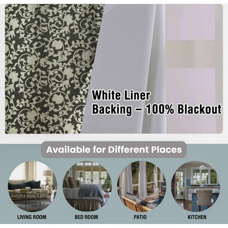 Rideau en lin noir fait à la main avec imprimé de blocs Devdas Design, L 54 po x L 72 po