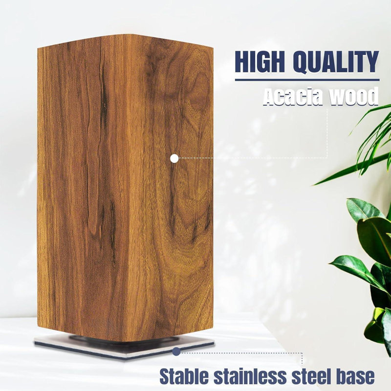 Magnetic Knife Block Without Knives, 360° Rotatable Magnet Knife Holder Stand Made Of Fine Acacia Wood, Extra Large Capacity Knife Storage For Knives And Utensils For Kitchen Counter Top