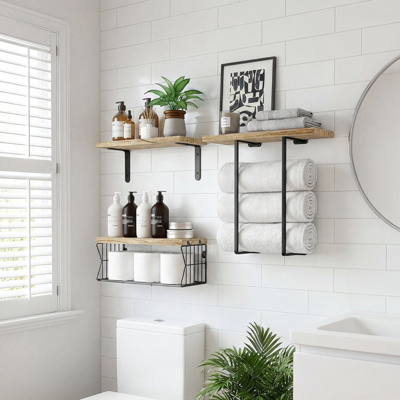 3 Piece Wood Bracket Shelf, Natural Wood