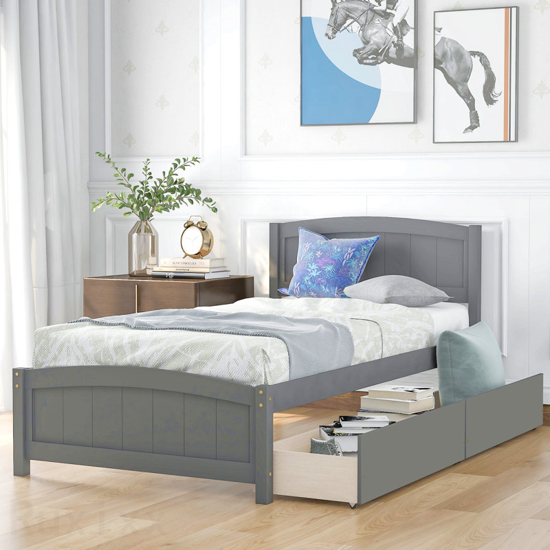 Lit plateforme simple avec deux tiroirs, gris, Grey