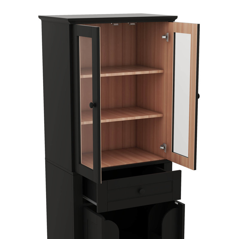 67.2 Inch Elegant Bathroom Storage Unit Featuring  Glass Doors Adjustable Shelves Plus A Drawer, Black