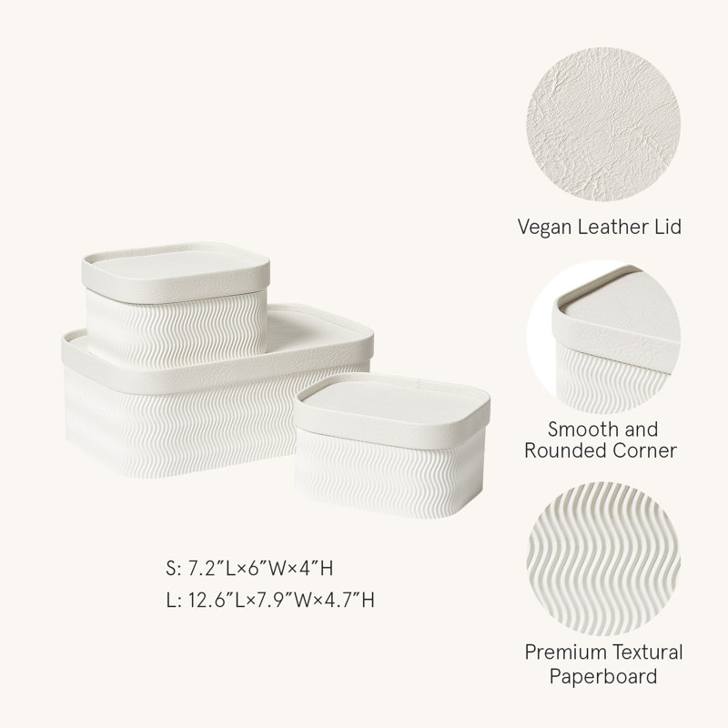 Corrugated Paper Rectangular Storage Box With Vegan Leather Lid Set 3, Protein Color