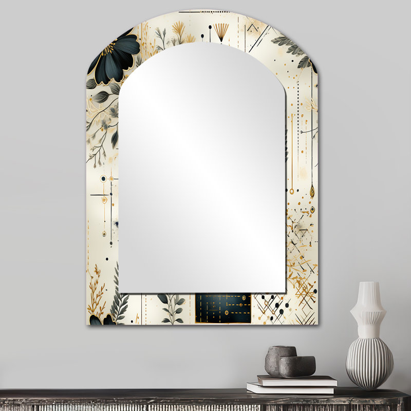 Fougères gris et fleurs géométriques beiges - décor de miroir mural unique arche florale, grand miroir asymétrique gris, impression d'art en métal