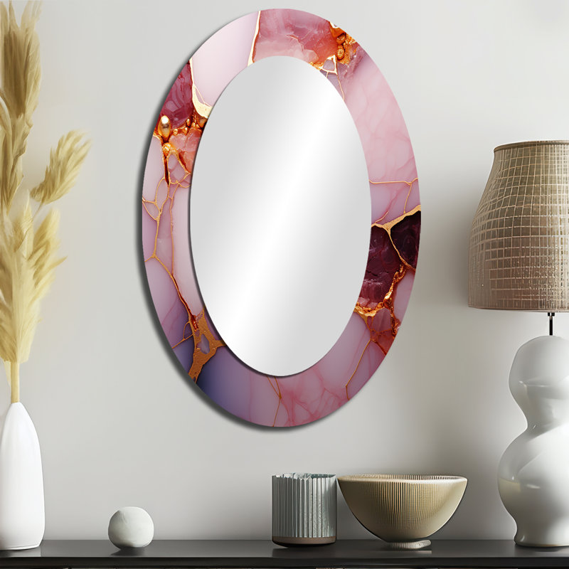Gold And Pink Marble Essence II - Abstract Oval Decorative Mirror On Metal, 36" x 24"
