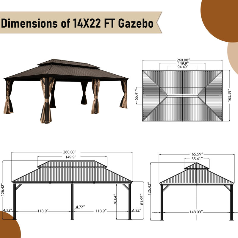 Pavillon de jardin extérieur 14 pi x 22 pi, brun. Auvent double en acier galvanisé et cadre en aluminium. Système de gouttière. Rideau pour l'intimité Pavillon de jardin brun avec fonction de protection - 14 x 22 pi, cadre, toit