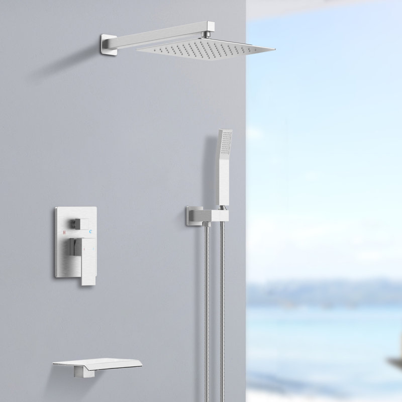 Rain Shower System Tub Shower Faucet Set 10 Inch Square Rainfall Shower Head With Handheld Sprayer And Waterfall Tub Spout Pressure Balance Roughin Valve Shower Mixer Combo