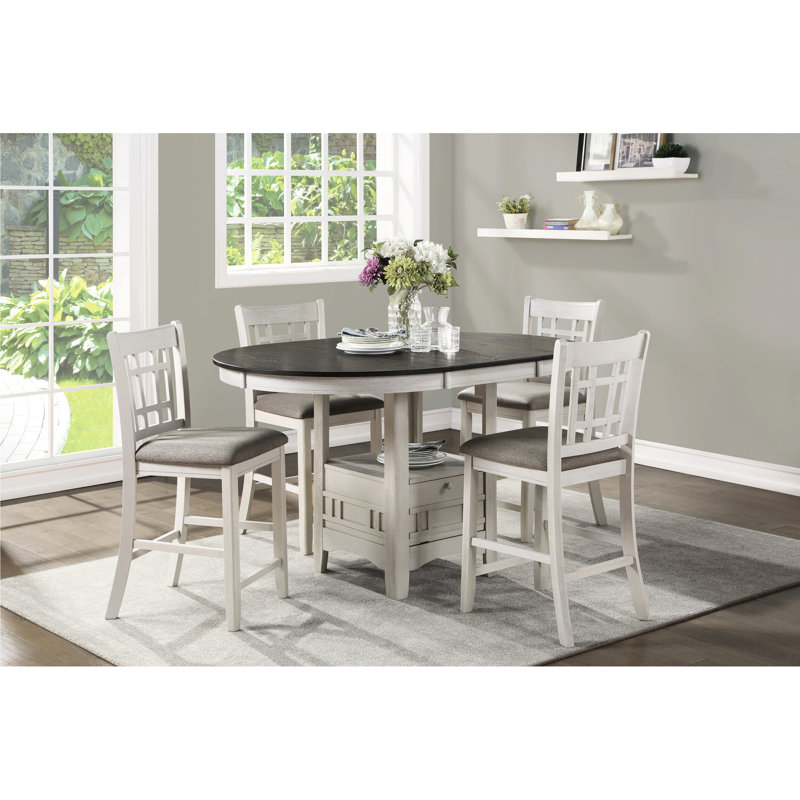 Table de salle à manger à hauteur de comptoir blanc antique et brun rosé avec rangement et rallonge, rallonge de style décontracté