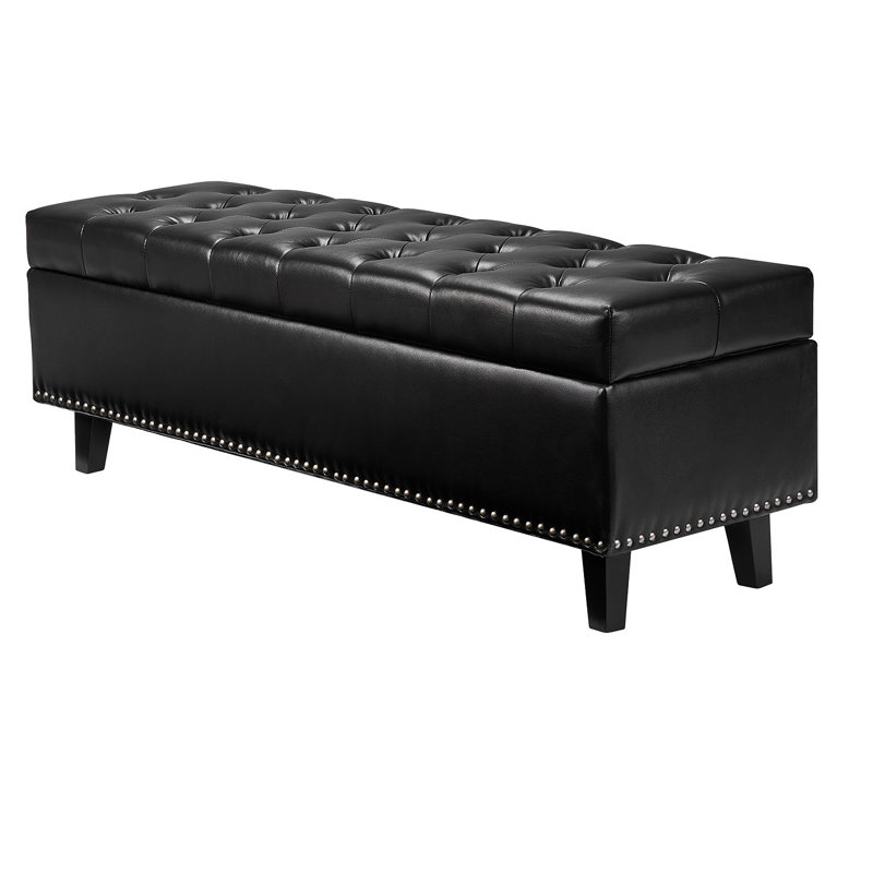 Button-Tufted Storage Ottoman Bench PU Leather Bench With Wood Legs Black
