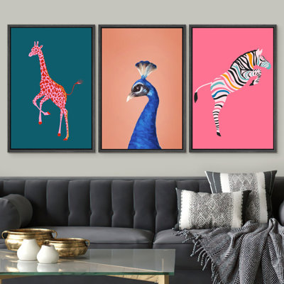 Bright Preppy Animals African Animals Modern Boho Preppy Room Pictures, Giclee Canvas Digital Print Framed Wall Art