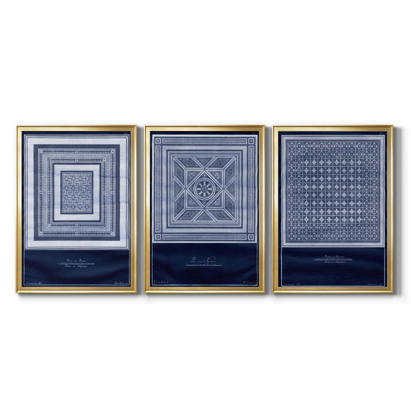 Indigo Tile IV - Toile tendue avec châssis sur mesure - 3 pièces, H 19 po x l 45 po, Doré