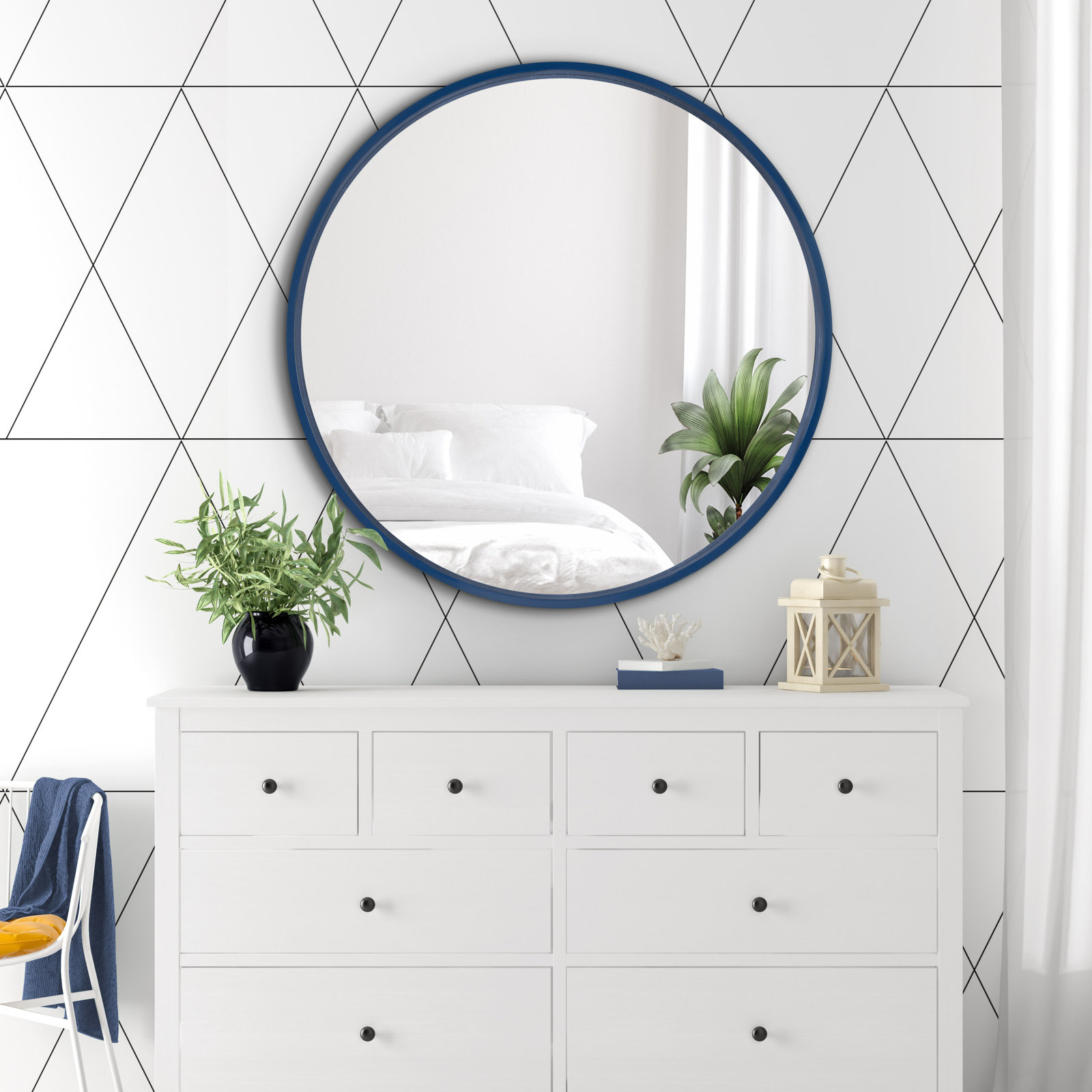 Arranjeet Modern Round Wall Mirror, 25.6" x 25.6", Navy Blue