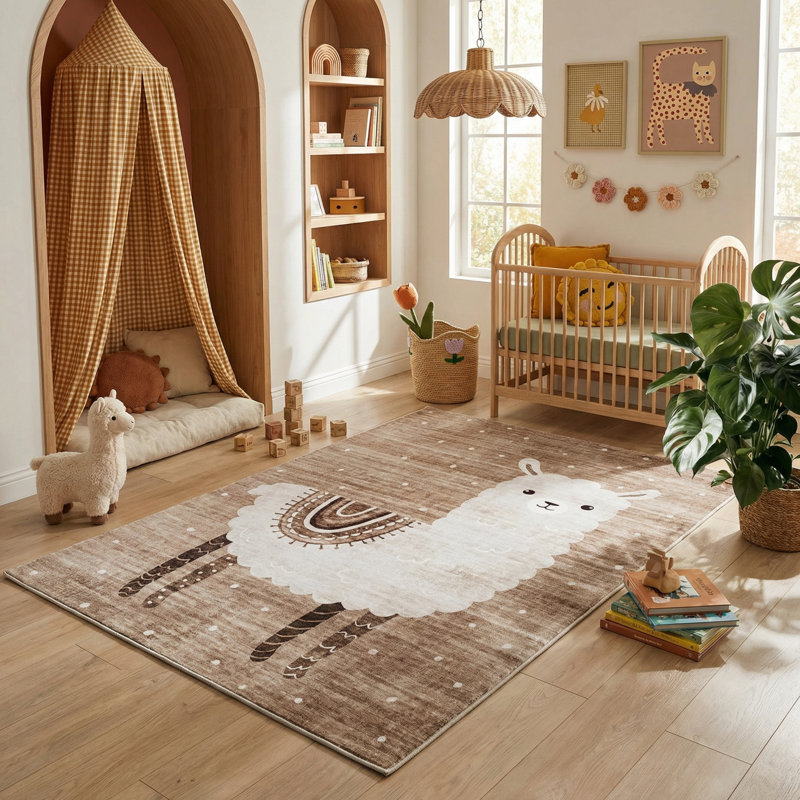 Tapis brun / beige à motif de lamas pour enfants de 8 pi x 11 pi (7 pi 7 po x 10 pi 10 po) Branchan Rowan