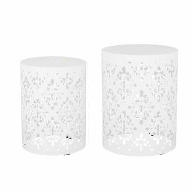 Kemo Outdoor End Table Set Of 2, Round Top, Cutout Design, White Iron