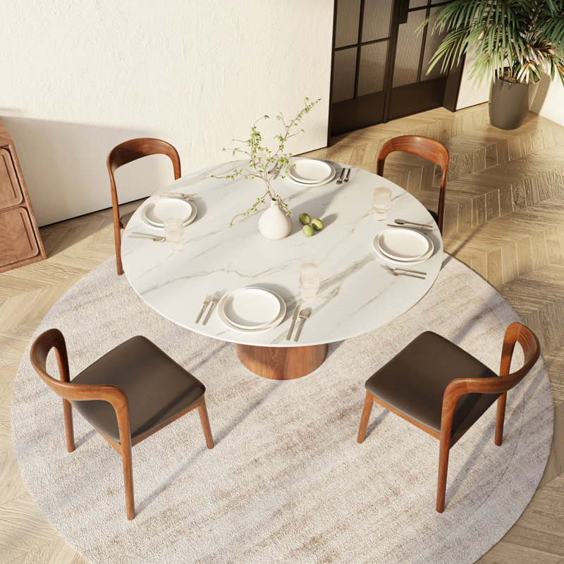 5Pcs Kitchen Dining Table Set Farmhouse Round Pedestal (1 Table 4 Upholstered Chairs), White, 29.52" H x 47.24" L x 47.24" W